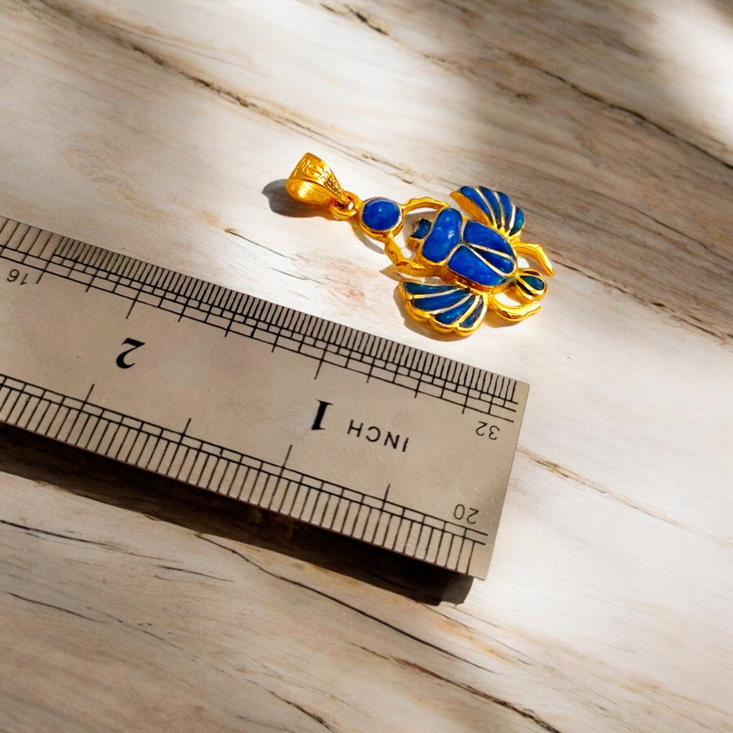 Gold Scarab Pendant Necklace, Dark Blue Sparkle Opal, Egyptian Revival Jewelry
