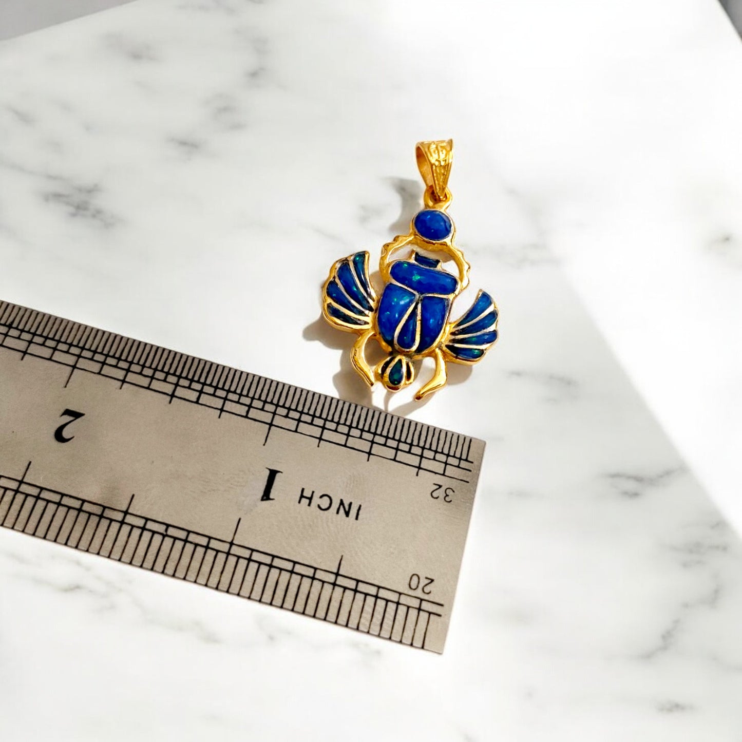 Gold Scarab Pendant Necklace, Dark Blue Sparkle Opal, Egyptian Revival Jewelry