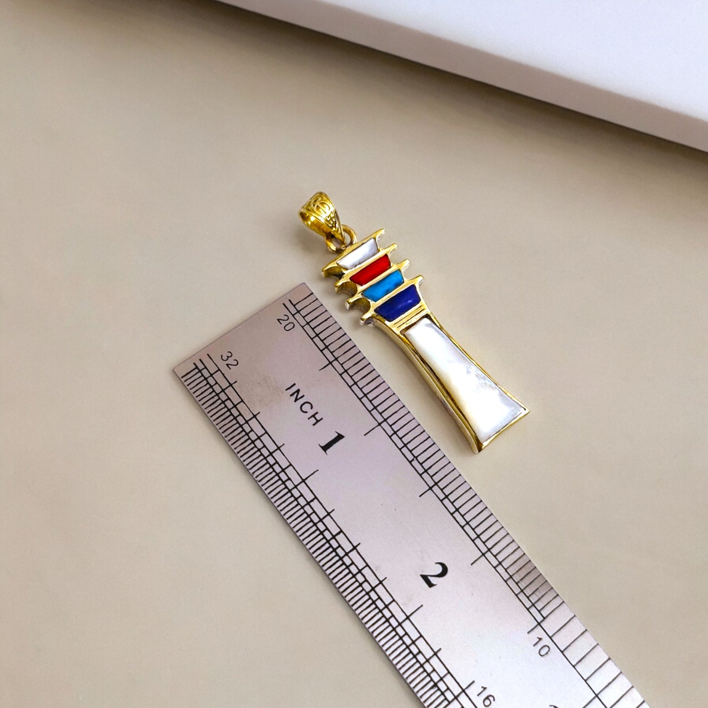 Mother of Pearl Djed Pillar Pendant, Gold Egyptian Revival Necklace