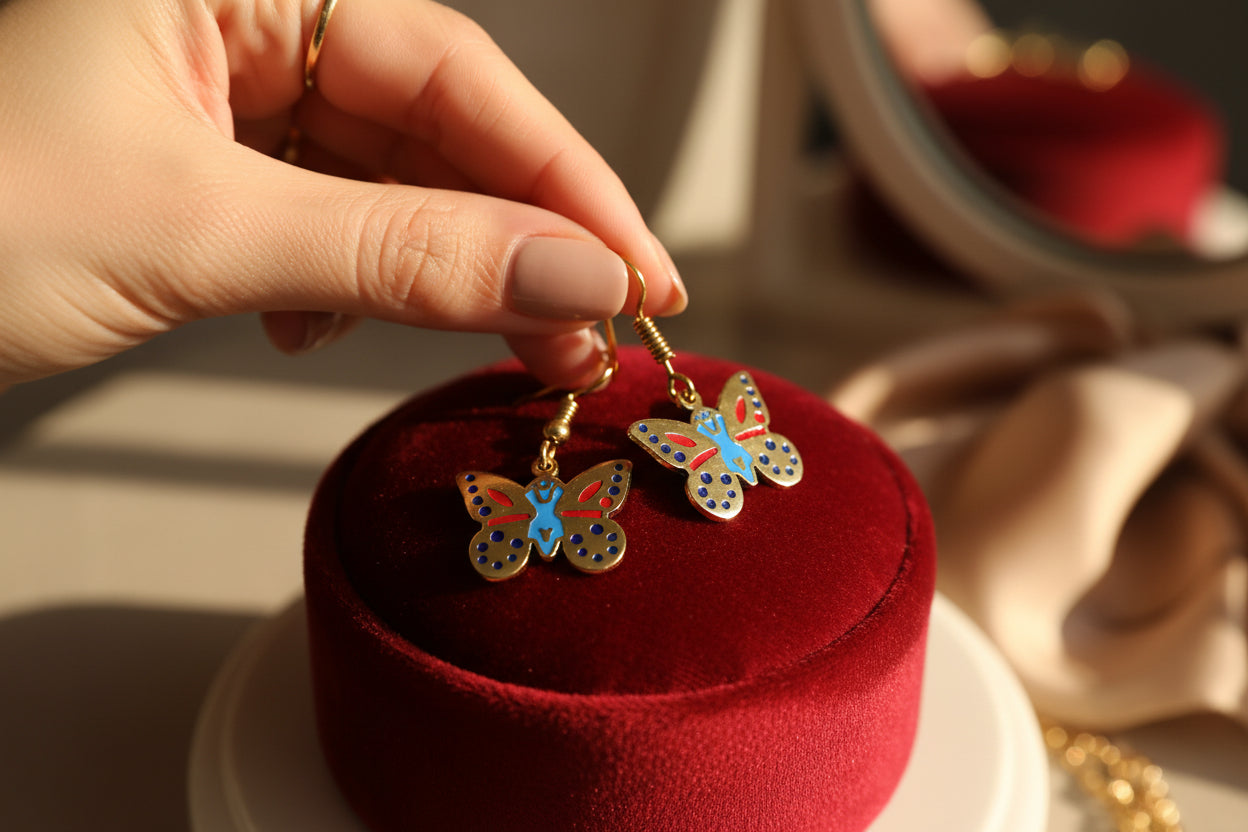 Gold Butterfly Earrings, Colorful Enamel Egyptian Jewelry