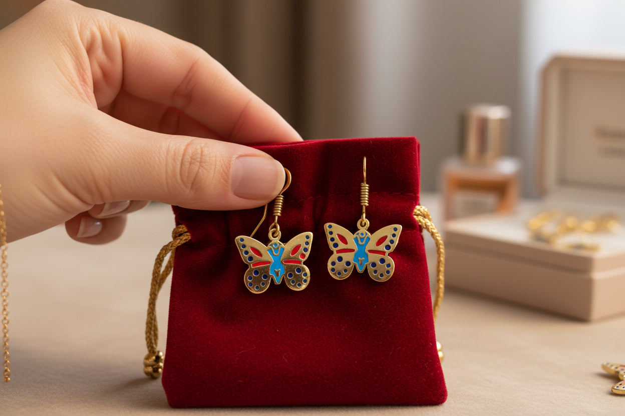 Gold Butterfly Earrings, Colorful Enamel Egyptian Jewelry