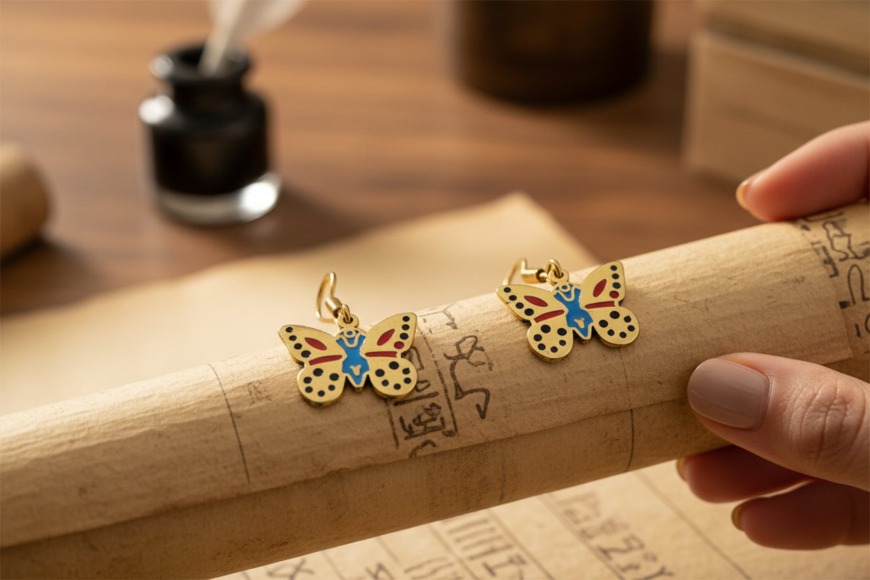 Gold Butterfly Earrings, Colorful Enamel Egyptian Jewelry