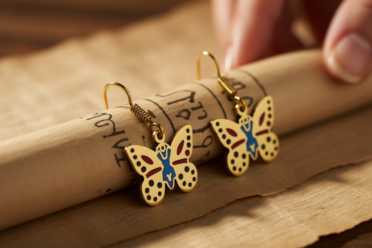 Gold Butterfly Earrings, Colorful Enamel Egyptian Jewelry