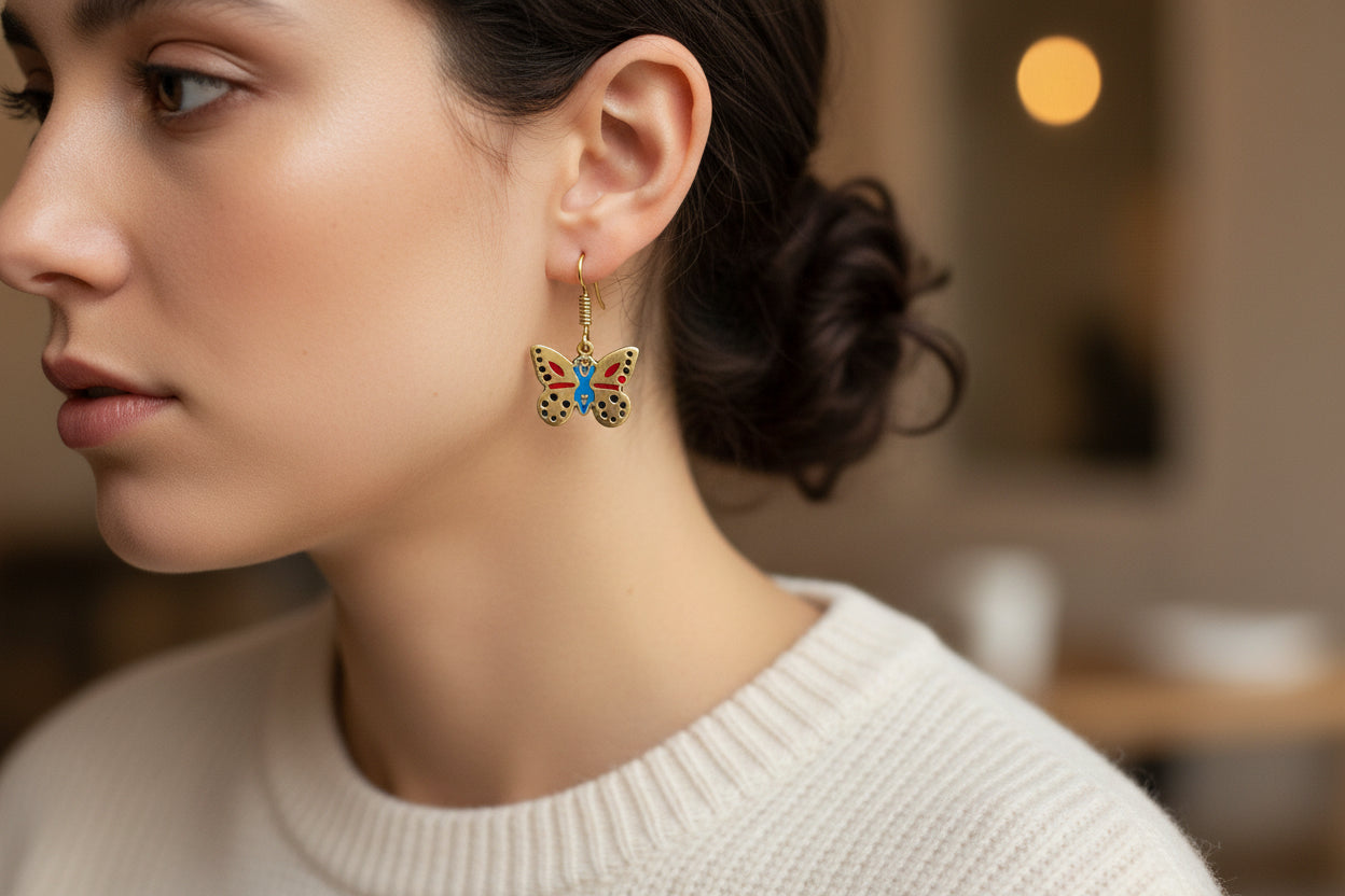 Gold Butterfly Earrings, Colorful Enamel Egyptian Jewelry