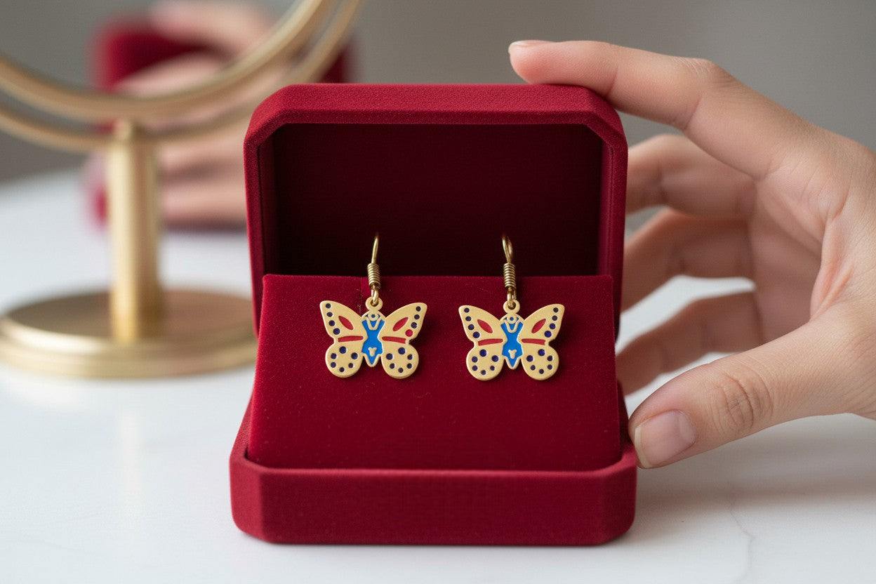 Gold Butterfly Earrings, Colorful Enamel Egyptian Jewelry