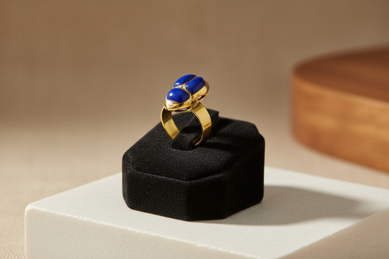 Gold Lapis Lazuli Scarab Ring, Ancient Egyptian Scarab Jewelry, Blue Gemstone Ring, Pharaoh Revival Gift for Her Him