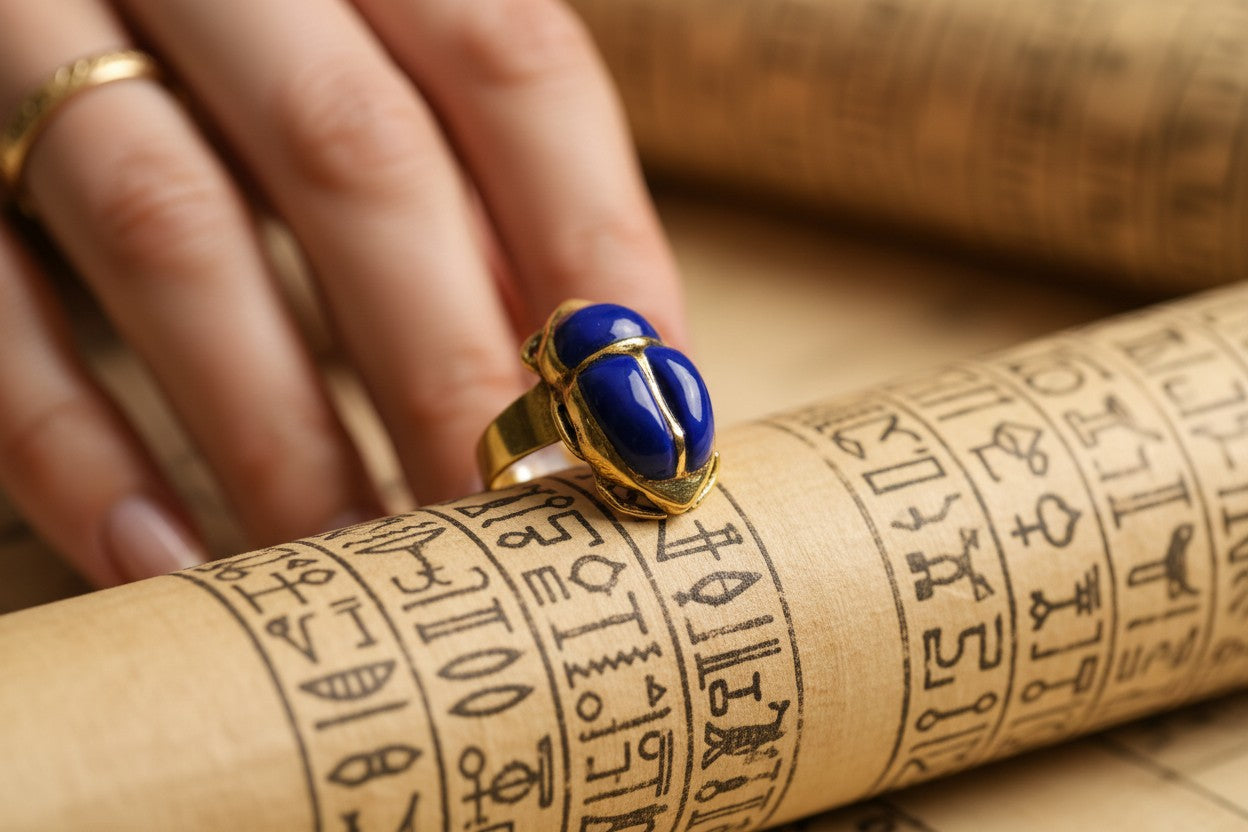 Gold Lapis Lazuli Scarab Ring, Ancient Egyptian Scarab Jewelry, Blue Gemstone Ring, Pharaoh Revival Gift for Her Him
