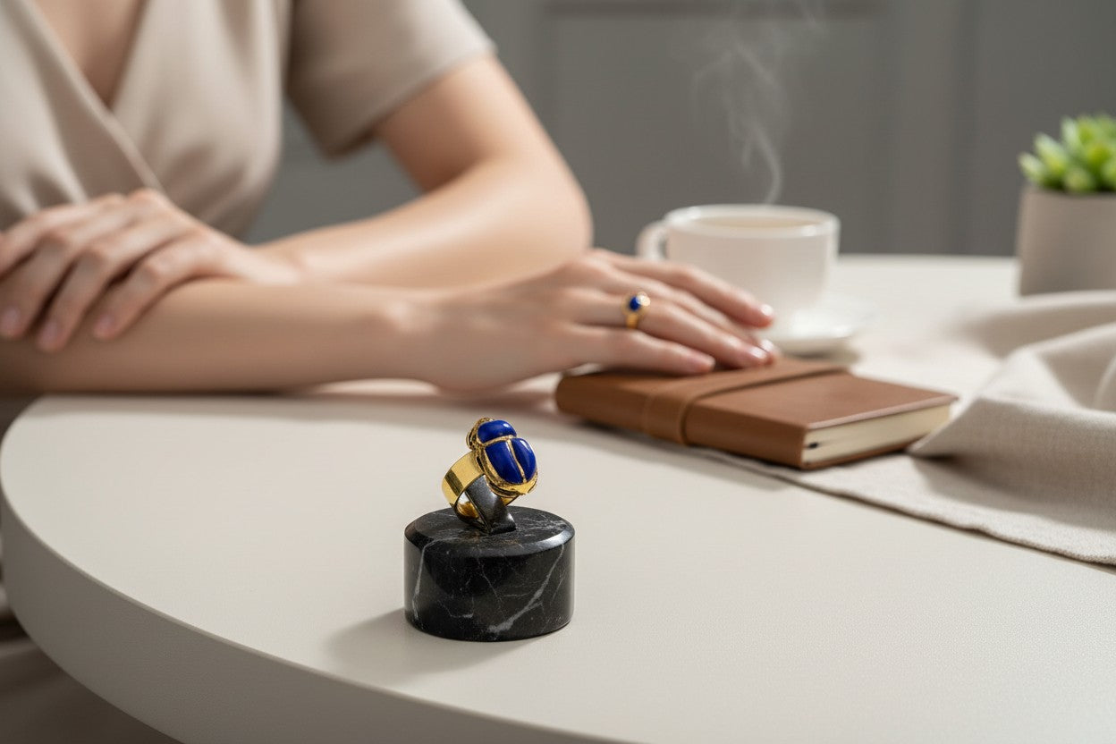 Gold Lapis Lazuli Scarab Ring, Ancient Egyptian Scarab Jewelry, Blue Gemstone Ring, Pharaoh Revival Gift for Her Him