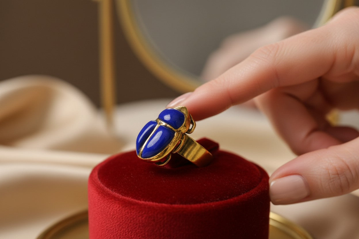 Gold Lapis Lazuli Scarab Ring, Ancient Egyptian Scarab Jewelry, Blue Gemstone Ring, Pharaoh Revival Gift for Her Him
