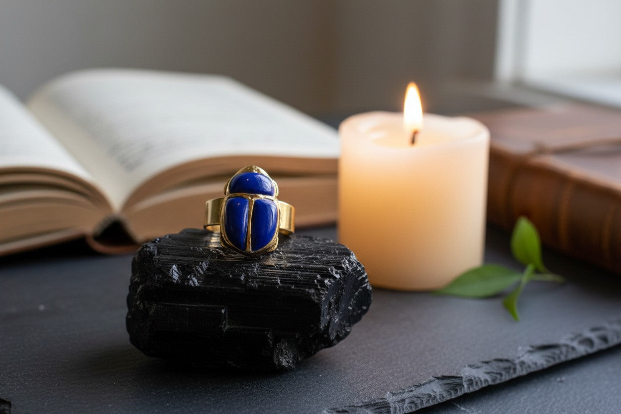 Gold Lapis Lazuli Scarab Ring, Ancient Egyptian Scarab Jewelry, Blue Gemstone Ring, Pharaoh Revival Gift for Her Him