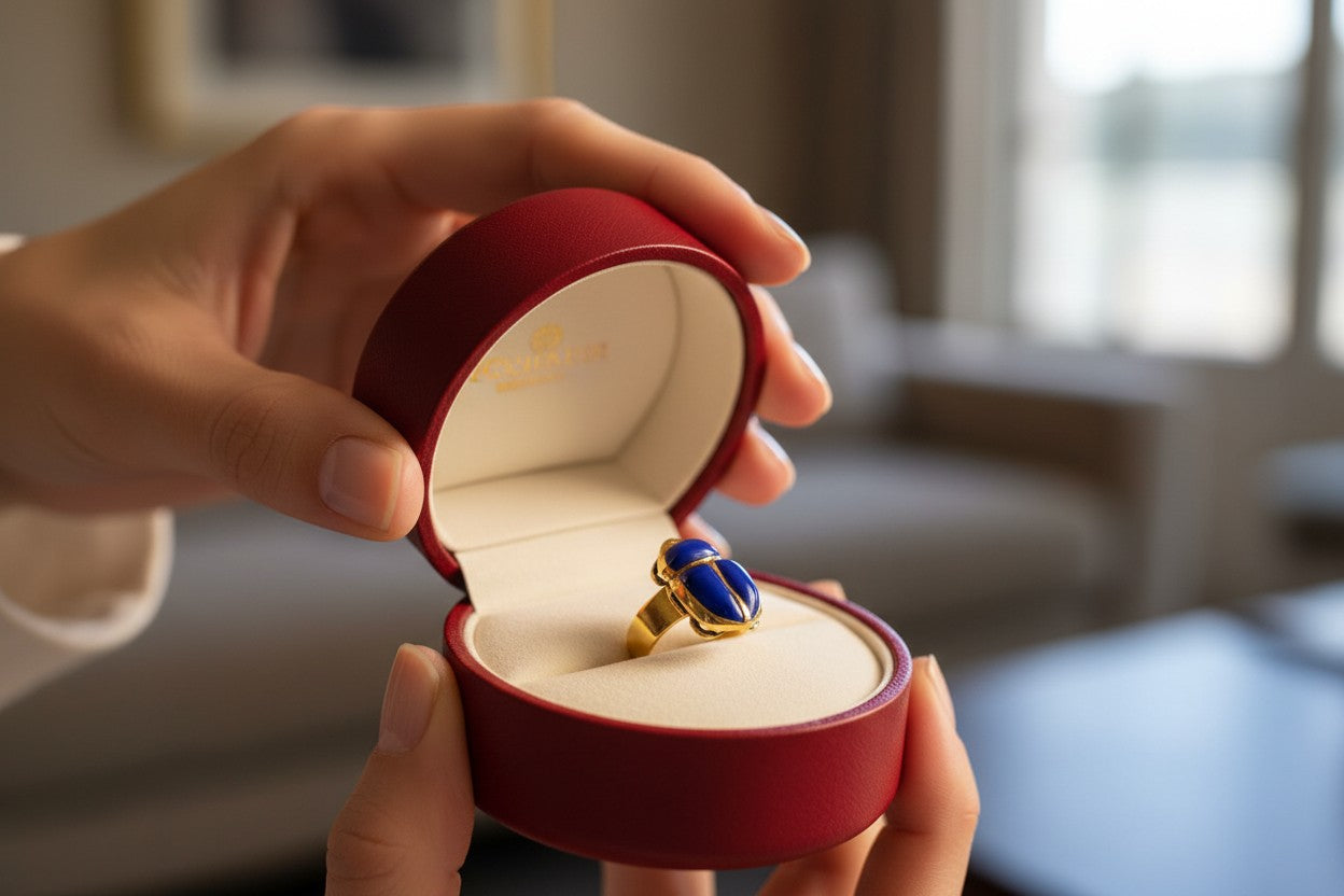 Gold Lapis Lazuli Scarab Ring, Ancient Egyptian Scarab Jewelry, Blue Gemstone Ring, Pharaoh Revival Gift for Her Him