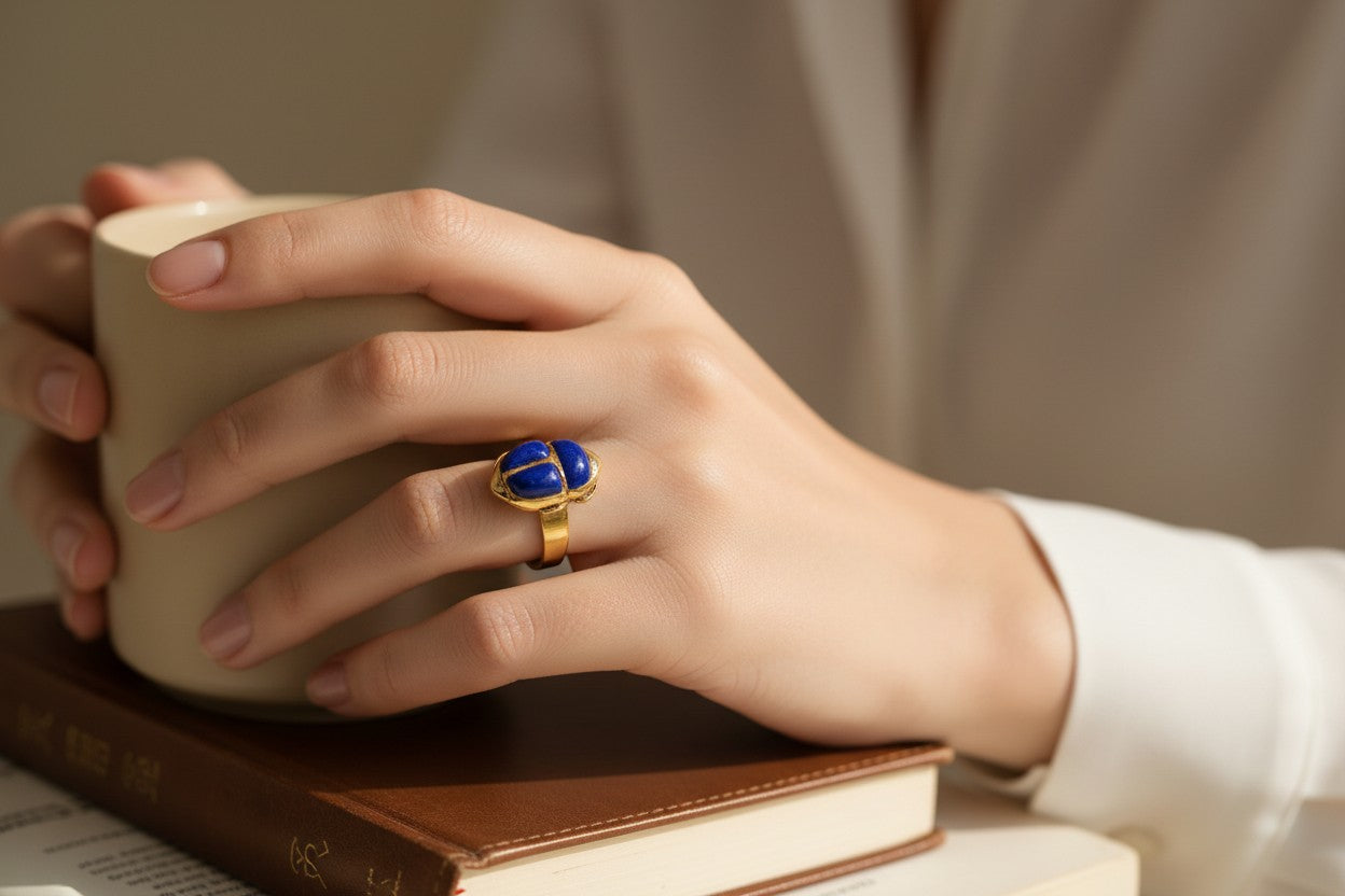 Gold Lapis Lazuli Scarab Ring, Ancient Egyptian Scarab Jewelry, Blue Gemstone Ring, Pharaoh Revival Gift for Her Him