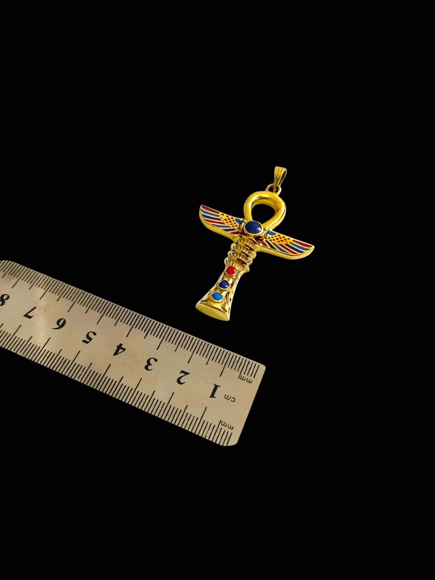 Gold Winged Ankh Necklace, Large Egyptian Key of Life with Lapis Lazuli