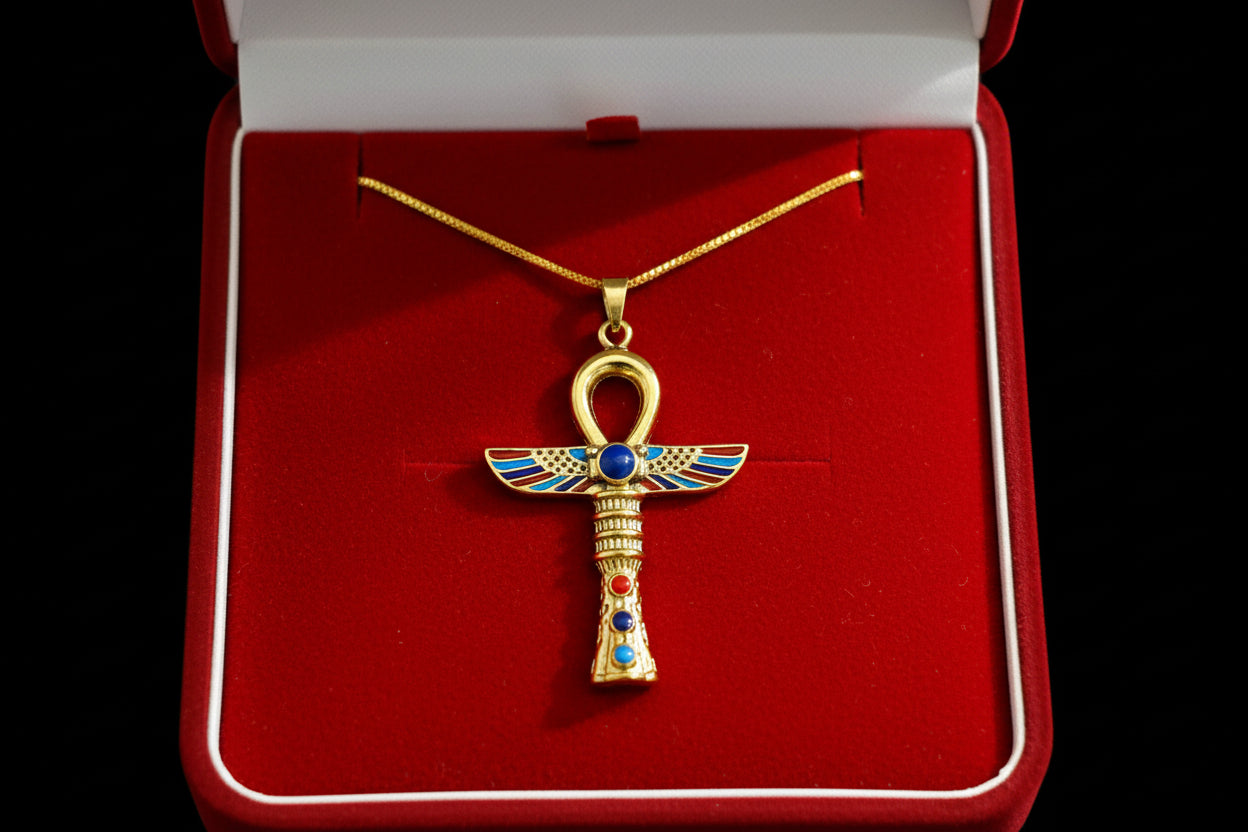 Gold Winged Ankh Necklace, Large Egyptian Key of Life with Lapis Lazuli