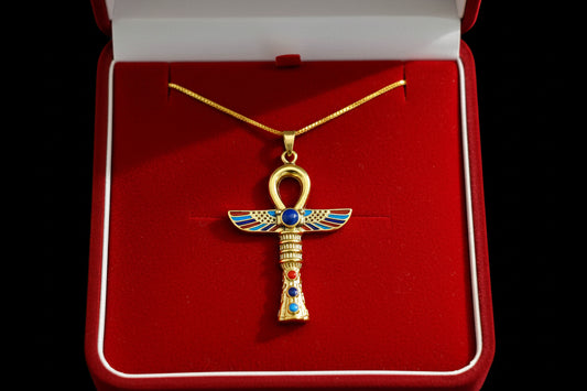 Gold Winged Ankh Necklace, Large Egyptian Key of Life with Lapis Lazuli