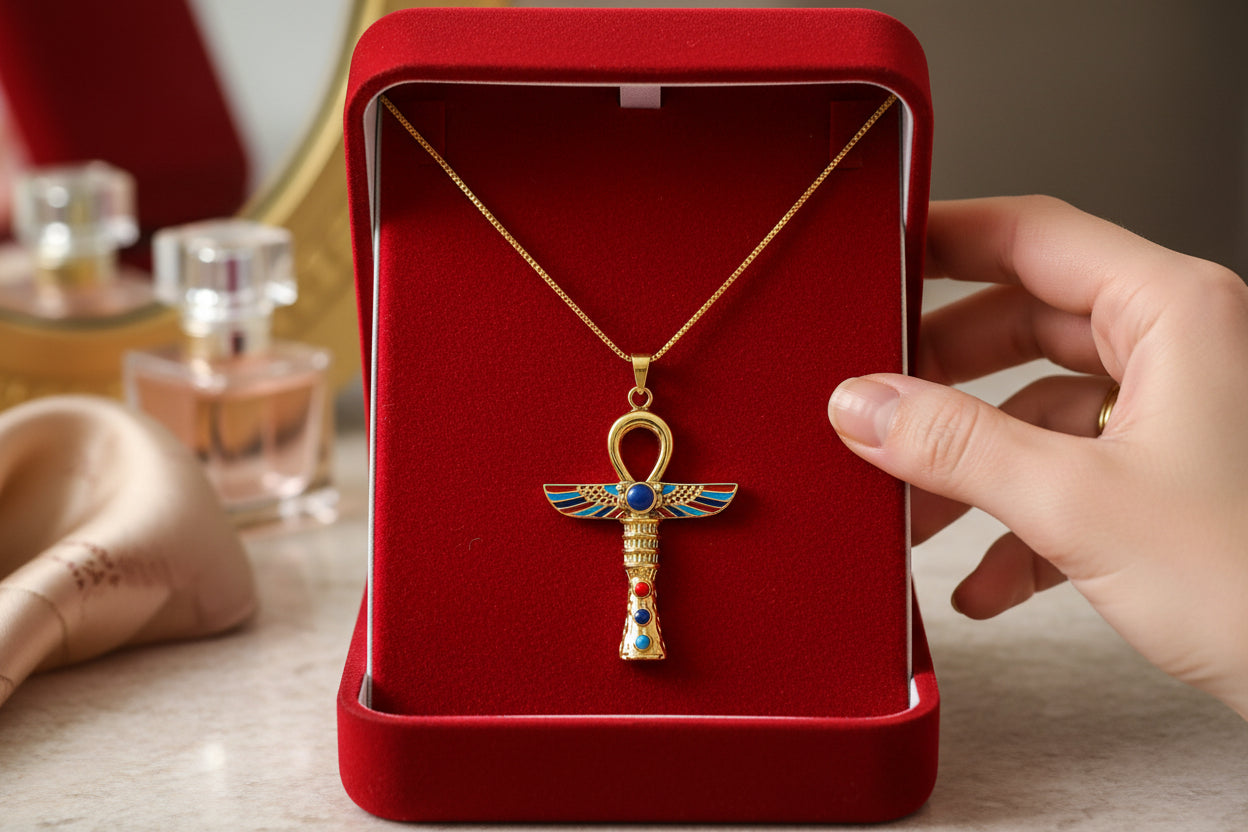 Gold Winged Ankh Necklace, Large Egyptian Key of Life with Lapis Lazuli