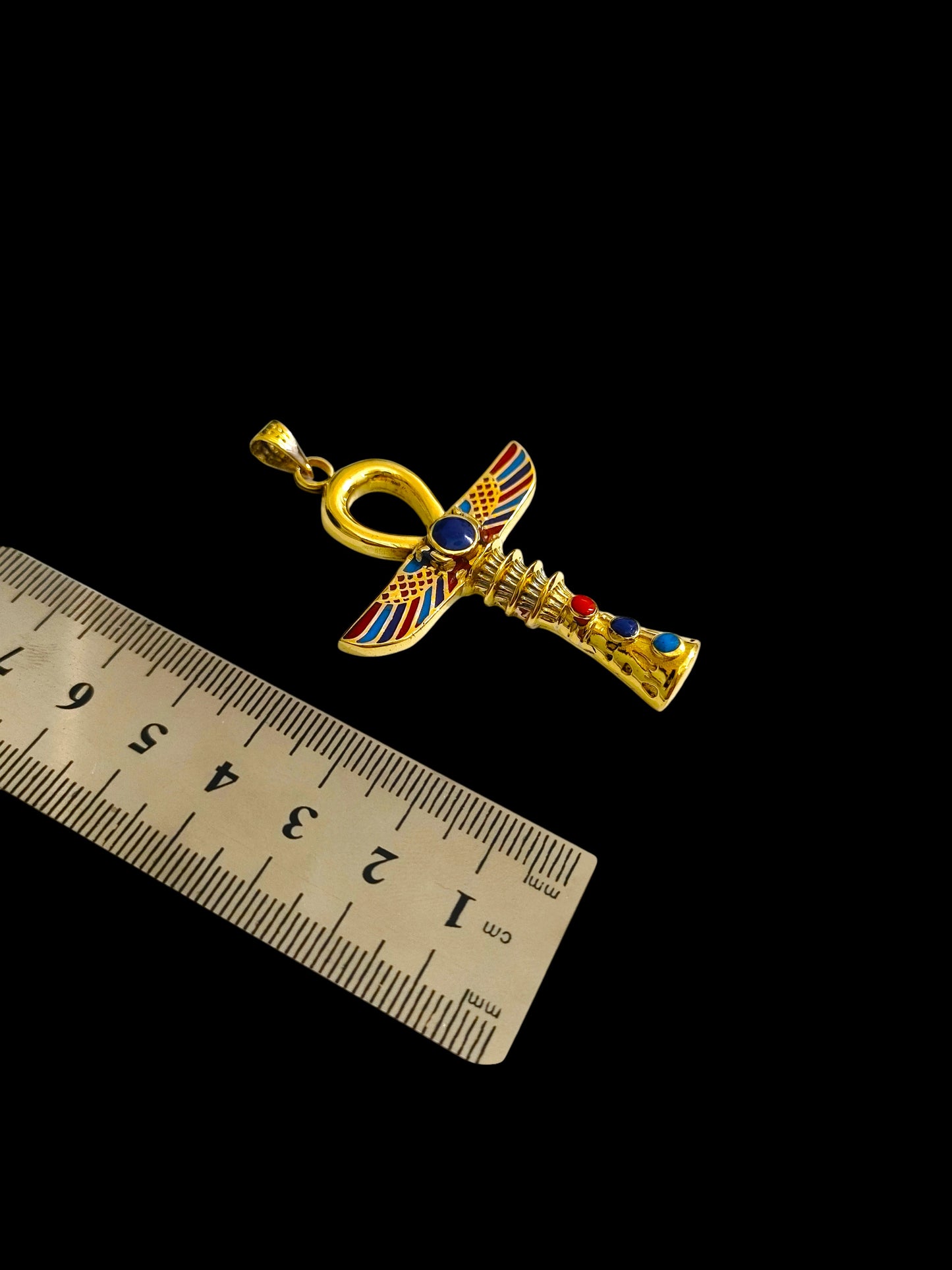 Gold Winged Ankh Necklace, Large Egyptian Key of Life with Lapis Lazuli