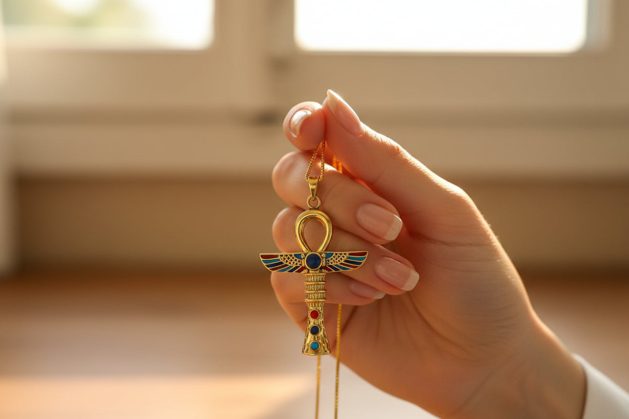 Gold Winged Ankh Necklace, Large Egyptian Key of Life with Lapis Lazuli