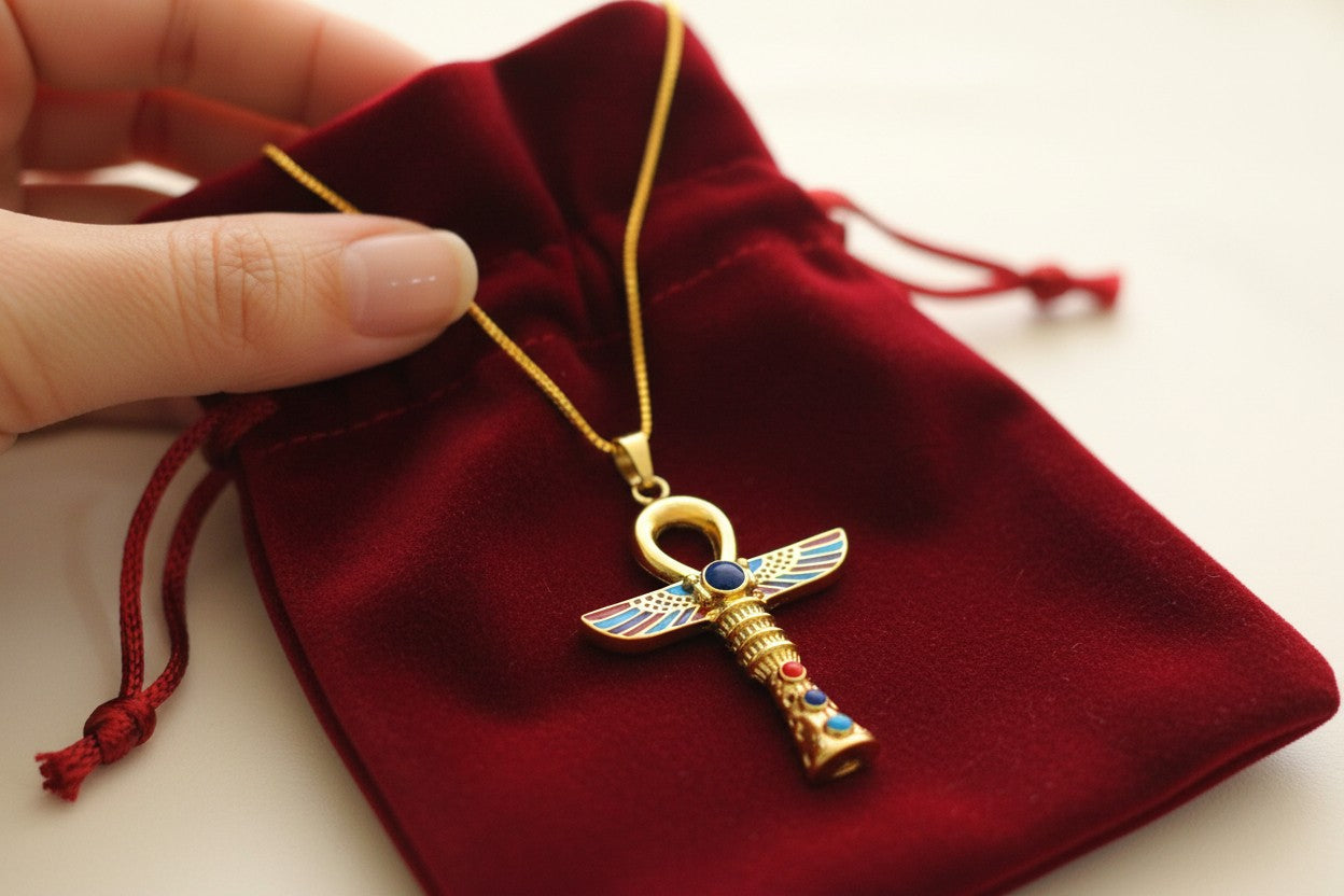 Gold Winged Ankh Necklace, Large Egyptian Key of Life with Lapis Lazuli