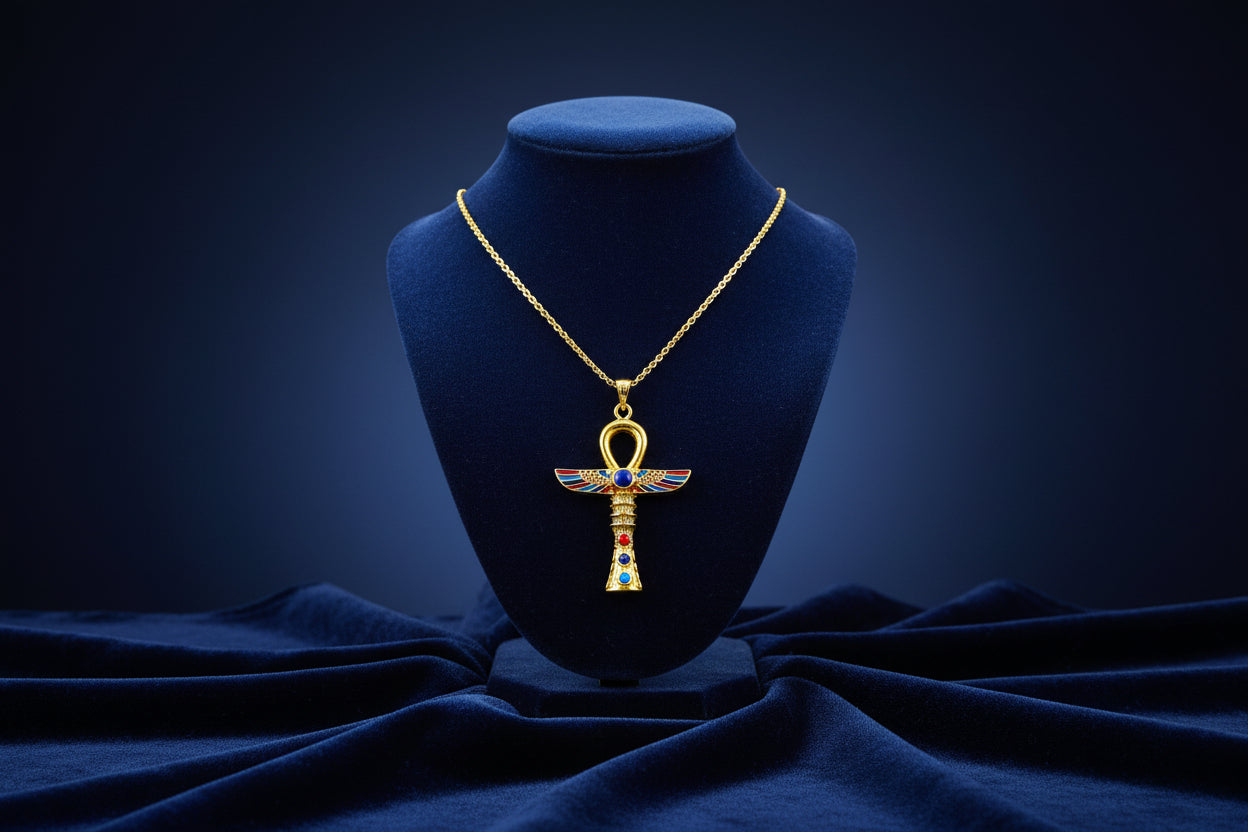 Gold Winged Ankh Necklace, Large Egyptian Key of Life with Lapis Lazuli
