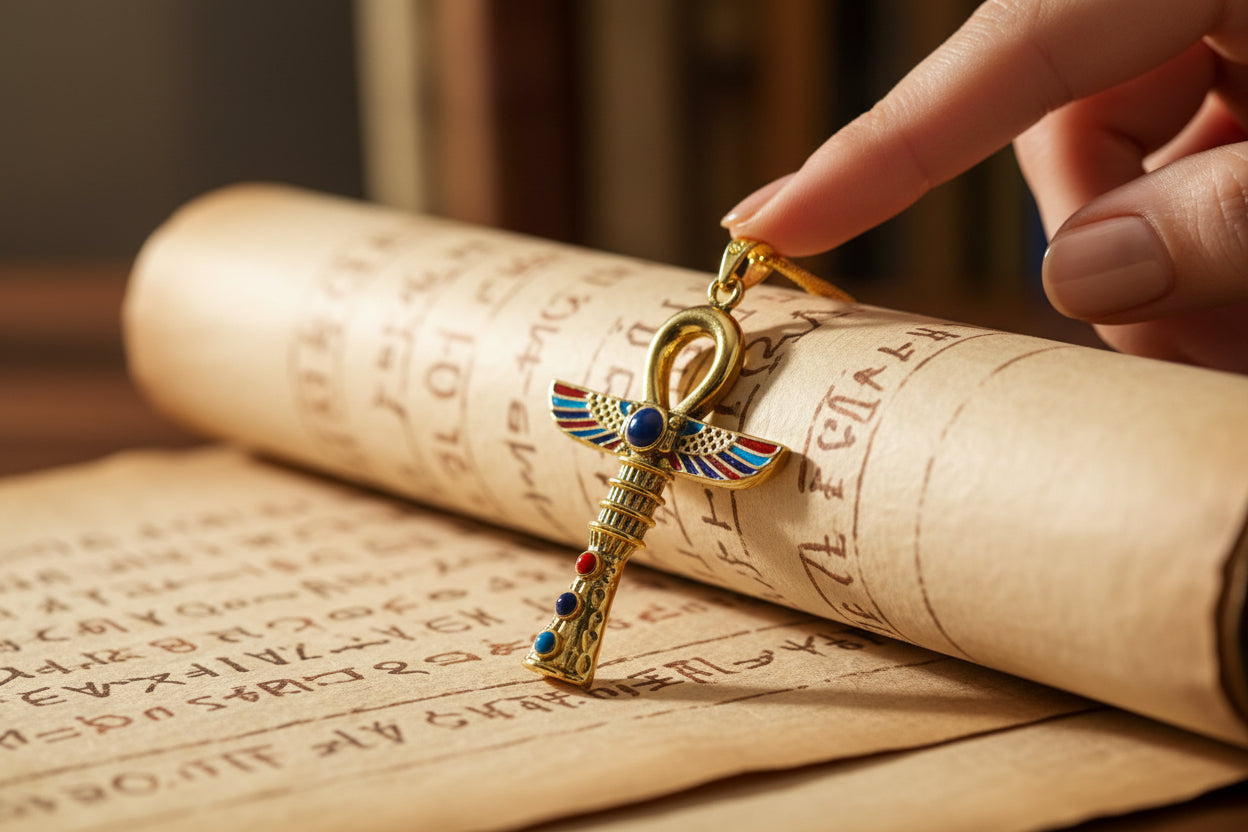Gold Winged Ankh Necklace, Large Egyptian Key of Life with Lapis Lazuli