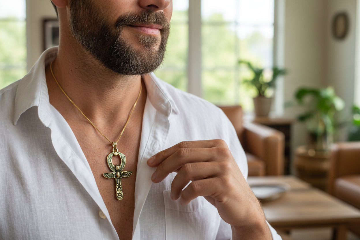 Gold Ankh Necklace, Egyptian Key of Life Talisman Pendant