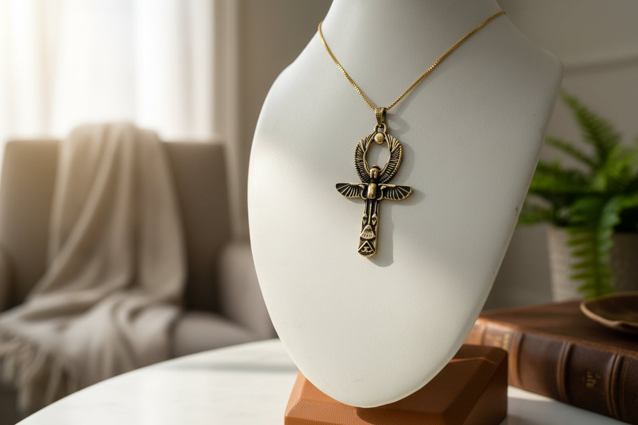 Gold Ankh Necklace, Egyptian Key of Life Talisman Pendant