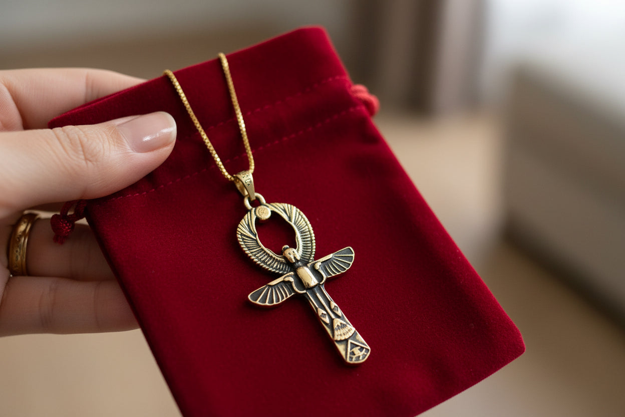 Gold Ankh Necklace, Egyptian Key of Life Talisman Pendant