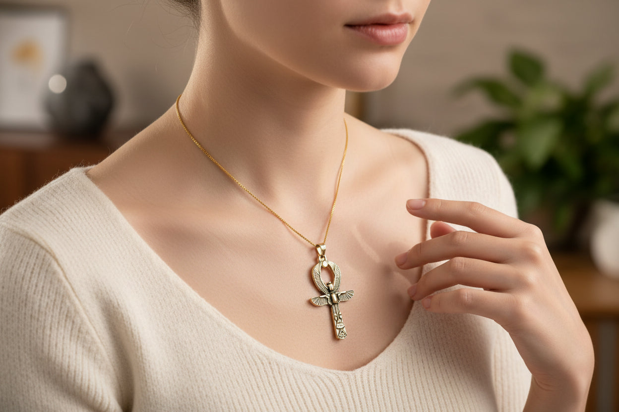 Gold Ankh Necklace, Egyptian Key of Life Talisman Pendant