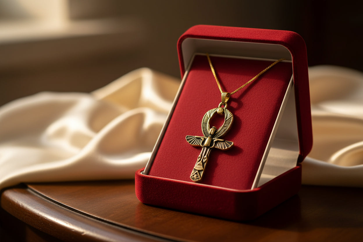Gold Ankh Necklace, Egyptian Key of Life Talisman Pendant