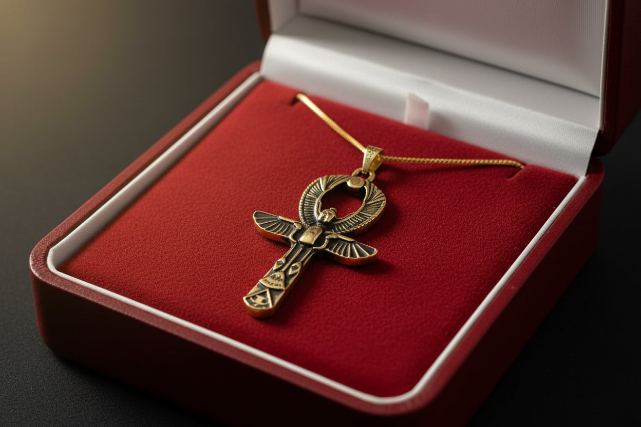 Gold Ankh Necklace, Egyptian Key of Life Talisman Pendant