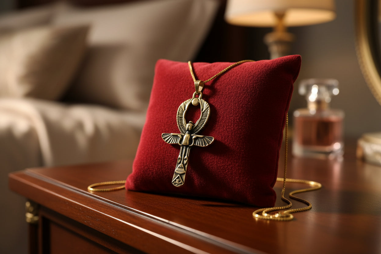 Gold Ankh Necklace, Egyptian Key of Life Talisman Pendant