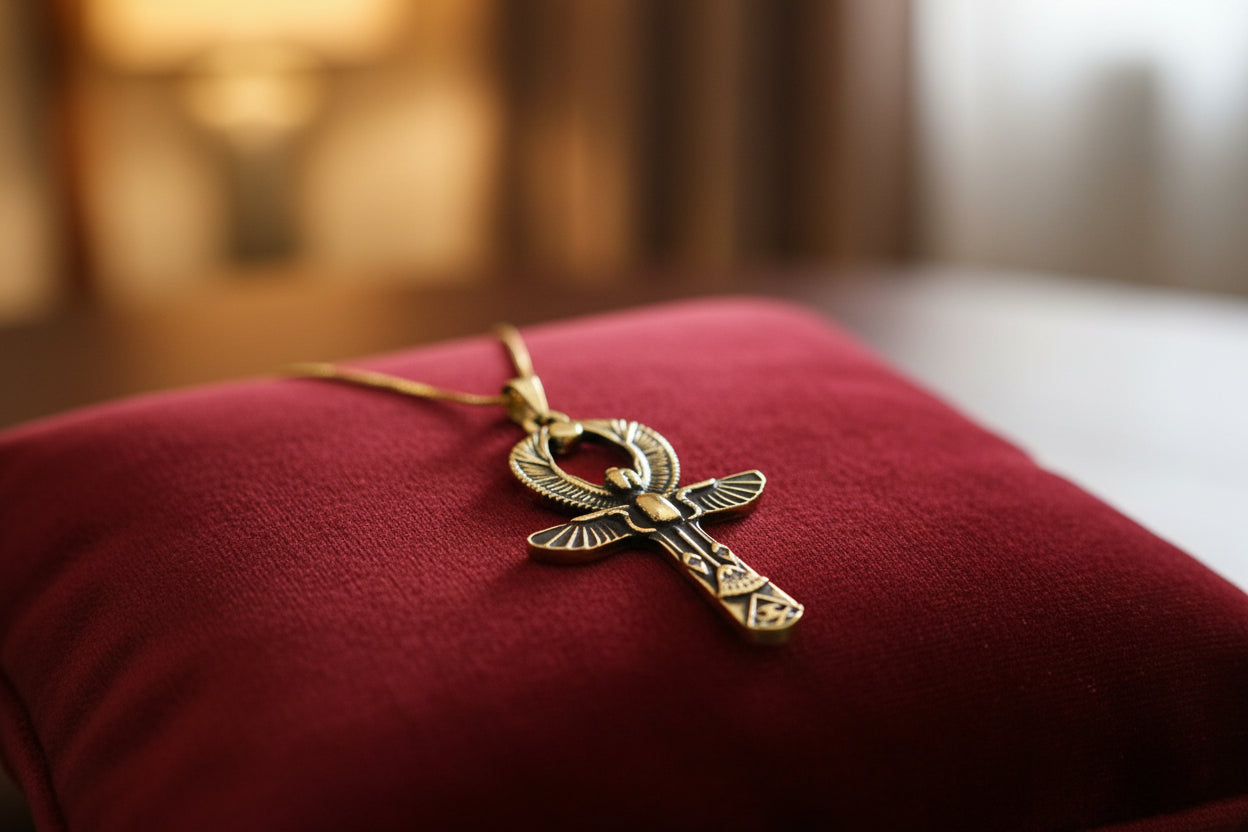 Gold Ankh Necklace, Egyptian Key of Life Talisman Pendant