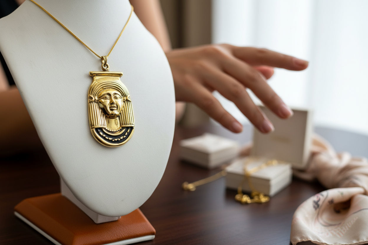 Gold Goddess Hathor Pendant, Large Egyptian Goddess Necklace