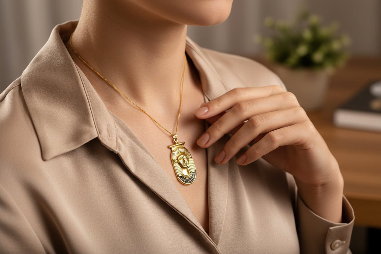 Gold Goddess Hathor Pendant, Large Egyptian Goddess Necklace