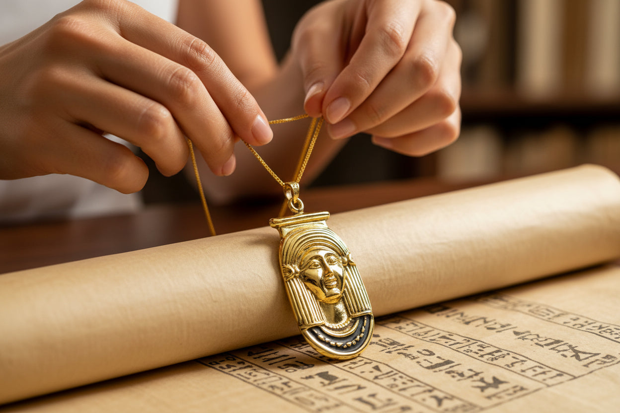 Gold Goddess Hathor Pendant, Large Egyptian Goddess Necklace
