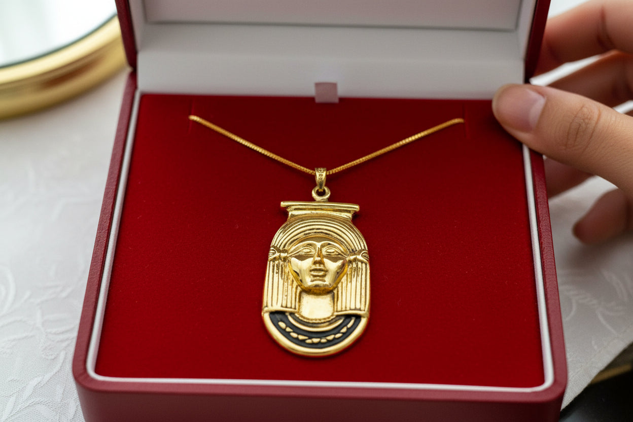 Gold Goddess Hathor Pendant, Large Egyptian Goddess Necklace