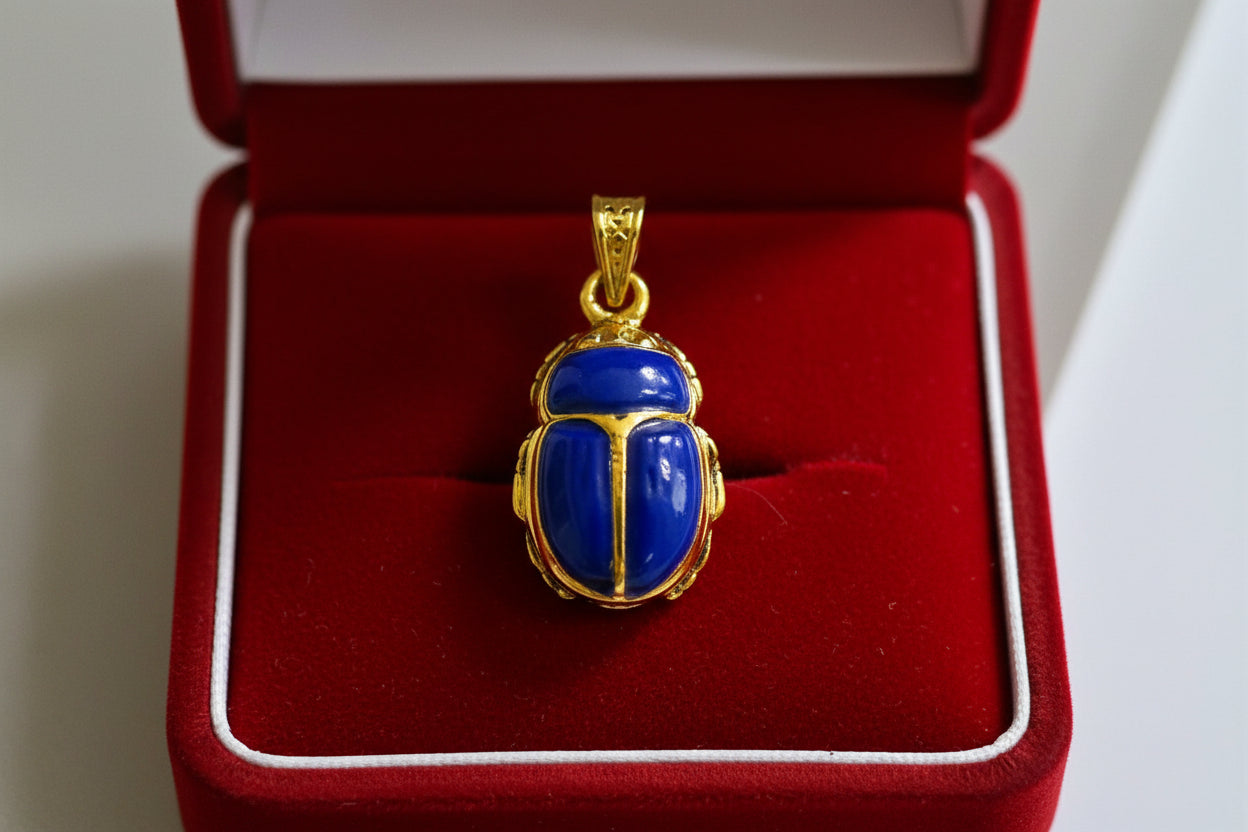 Gold Egyptian Scarab Lapis Lazuli Necklace, Handmade Talisman Divine Pendant