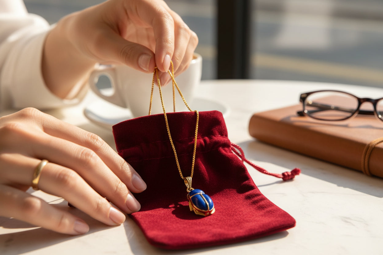 Gold Egyptian Scarab Lapis Lazuli Necklace, Handmade Talisman Divine Pendant