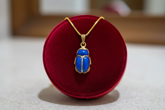 Gold Egyptian Scarab Lapis Lazuli Necklace, Handmade Talisman Divine Pendant