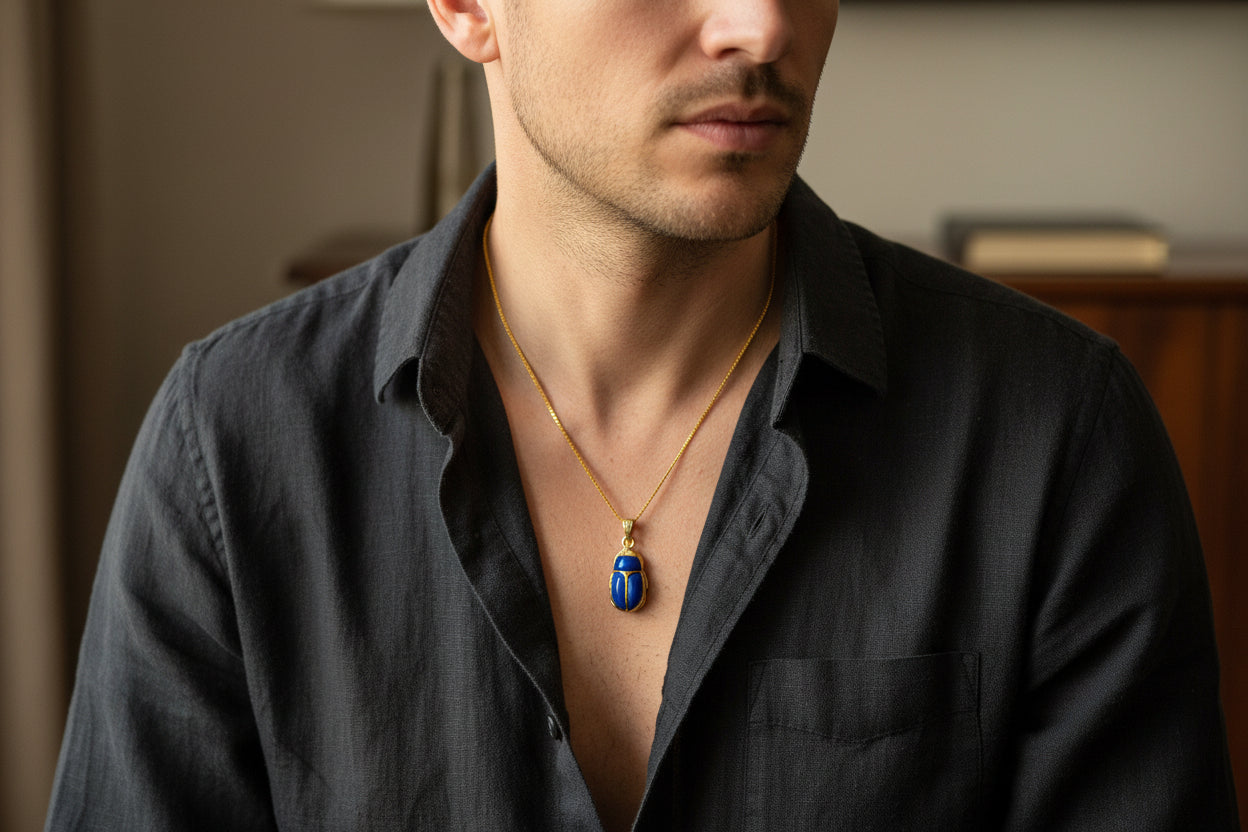 Gold Egyptian Scarab Lapis Lazuli Necklace, Handmade Talisman Divine Pendant