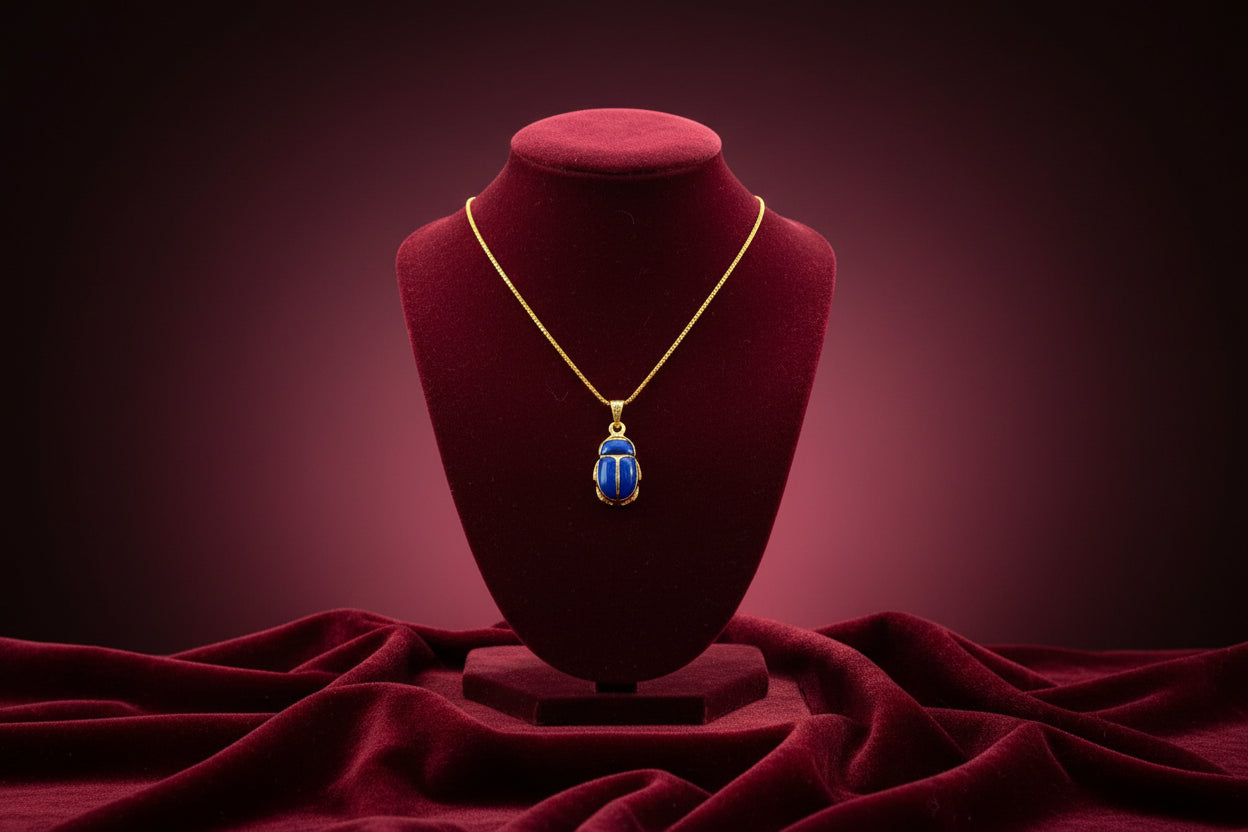 Gold Egyptian Scarab Lapis Lazuli Necklace, Handmade Talisman Divine Pendant