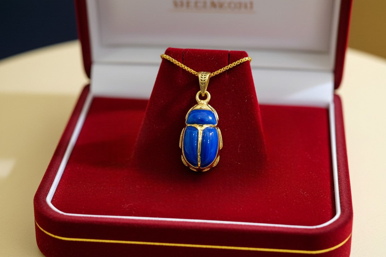 Gold Egyptian Scarab Lapis Lazuli Necklace, Handmade Talisman Divine Pendant