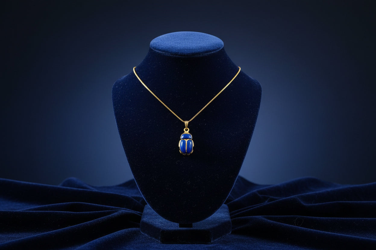 Gold Egyptian Scarab Lapis Lazuli Necklace, Handmade Talisman Divine Pendant