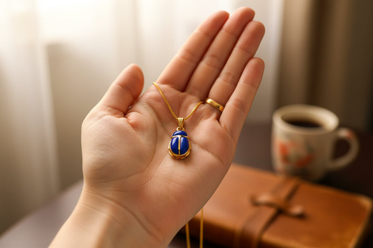 Gold Egyptian Scarab Lapis Lazuli Necklace, Handmade Talisman Divine Pendant