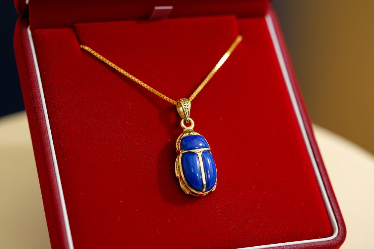 Gold Egyptian Scarab Lapis Lazuli Necklace, Handmade Talisman Divine Pendant