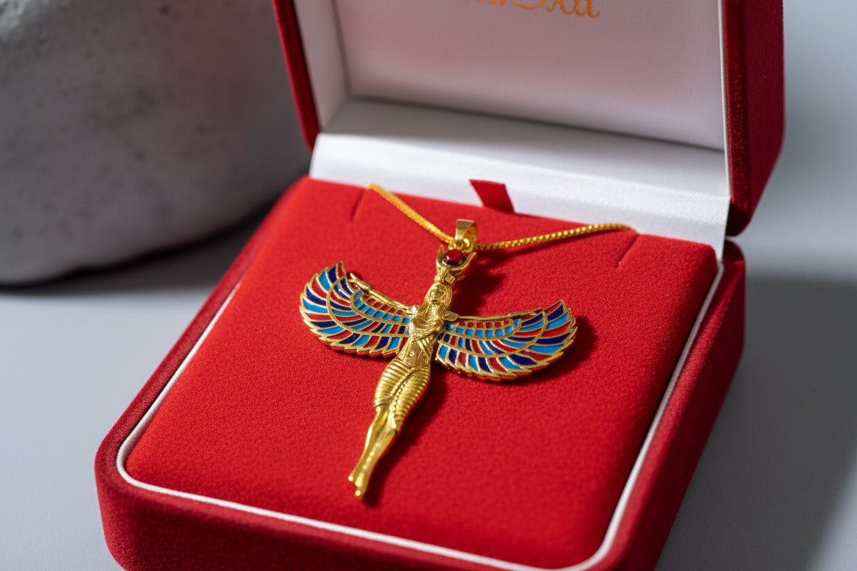 Large Gold Winged Goddess Isis Pendant Necklace