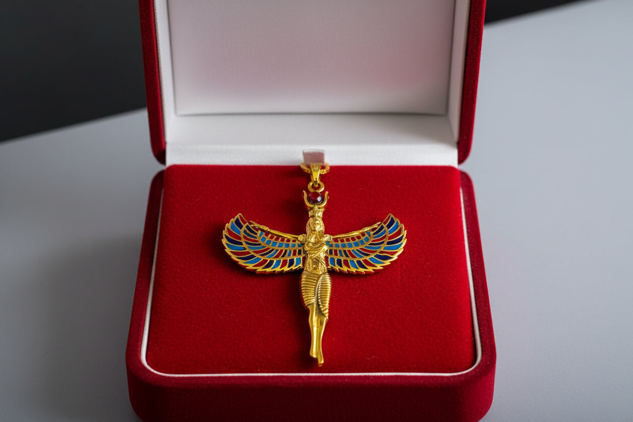 Large Gold Winged Goddess Isis Pendant Necklace