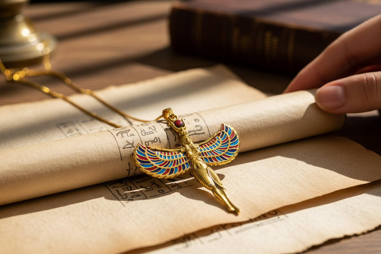 Large Gold Winged Goddess Isis Pendant Necklace