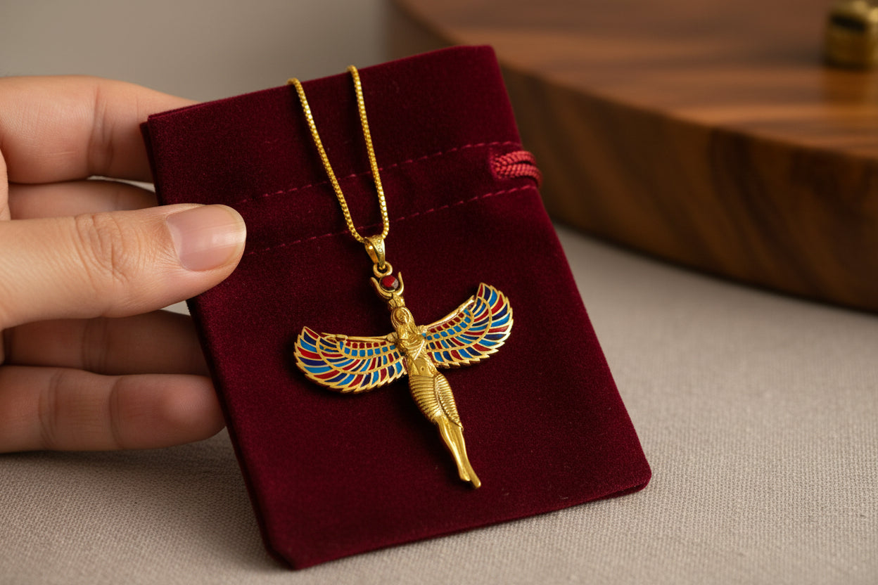 Large Gold Winged Goddess Isis Pendant Necklace